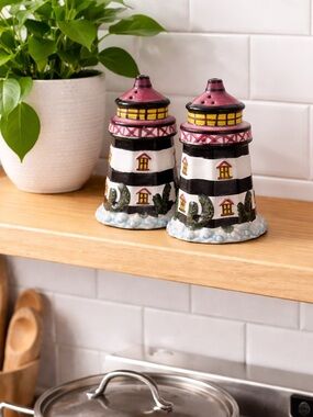 Ceramic Lighthouse Salt and Pepper Shakers - Black, White, Red